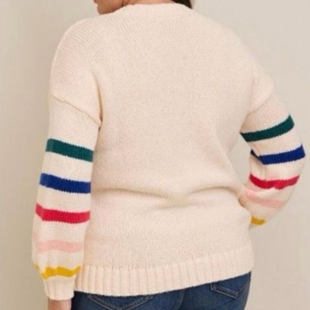 Rainbow Stripe Sleeve Cream Knit Sweater | Anthropologie Inspired Cozy Pullover - Picture 2 of 4